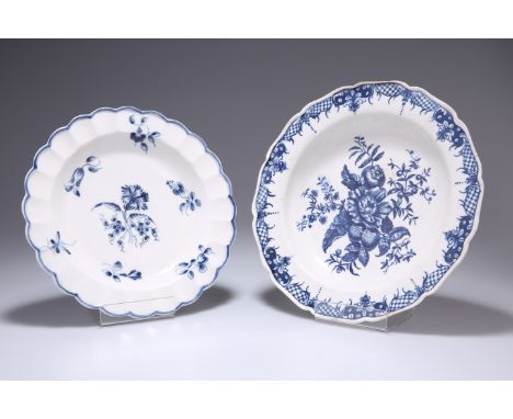 A WORCESTER PLATE, CIRCA 1770-85, with scallop edge, blue printed with the Gilliflower pattern, workman's mark; 20.5cm diamet