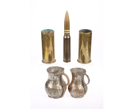 TWO JET ENGINE BRASS STARTER SHELL CASINGS, together with A 30MM PGU 16/A INERT DUMMY WARTHOG ROUND, AJD-30-7-77 PROJECTILE,&
