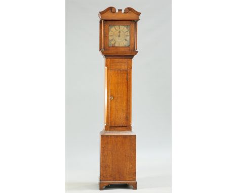 AN OAK 30-HOUR LONGCASE CLOCK, the 10-inch square brass dial signed Brownleys Staindrop, with single pointer and date apertur