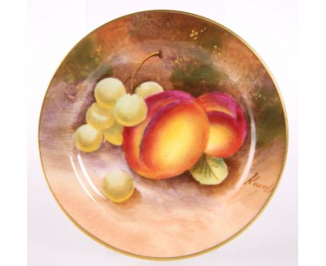 A ROYAL WORCESTER PORCELAIN TRINKET DISH, painted with plums and grapes, indistinctly signed, black printed mark to base with
