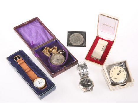 A POCKET WATCH AND CHAIN, together with a wristwatch with leather strap, an Ingersol stopwatch, a lighter and a 1981 Prince o