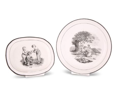 A NEW HALL BAT PRINTED SAUCER DISH AND TEAPOT STAND
circa 1815-20
The dish printed to pattern number 1063 with children in a 