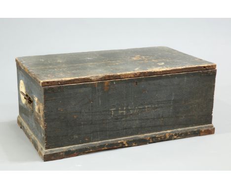 A BLACK PAINTED PINE TRAVELLING TRUNK, with metal handles and internal hinged compartment, 76cm long, 44cm deep and 32cm high