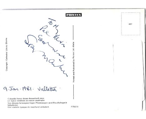 Stanley Mathews signed postcard dated 9th Jan 1981 Valletta dedicated. Sir Stanley Matthews, CBE (1 February 1915 - 23 Februa