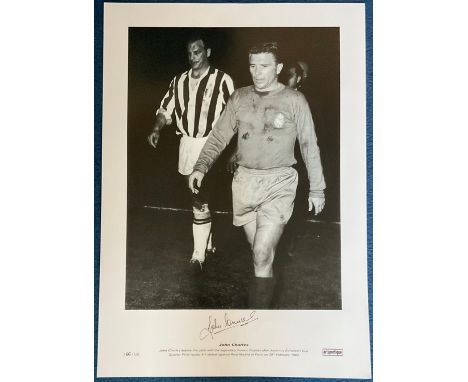 John Charles signed 23x17 black and white print pictured leaving the pitch with Ferenc Puskas in 1962 after Juventus European