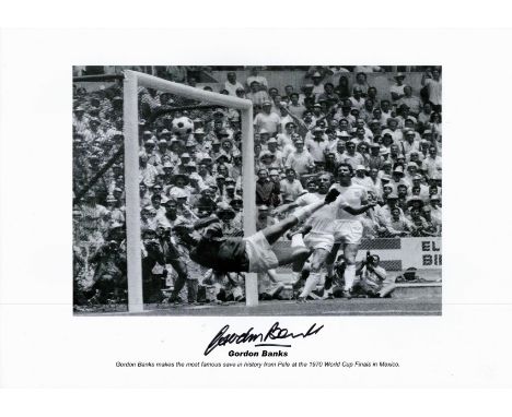 Gordon Banks signed 16x12 black and white print pictured making his iconic save against Brazil in the 1970 World Cup Finals. 