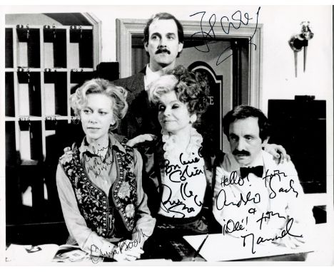 Fawlty Towers multi signed 10x8 black and white photo signatures include John Cleese, Connie Booth, Prunella Scales and Andre