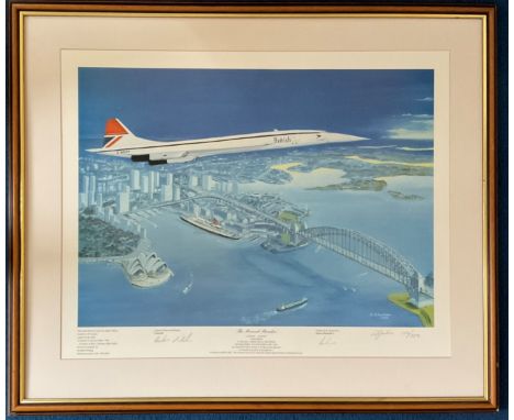 Concorde and Queen Elizabeth II multi signed limited edition print titled The Record Breaker 29x24 framed and mounted signed 