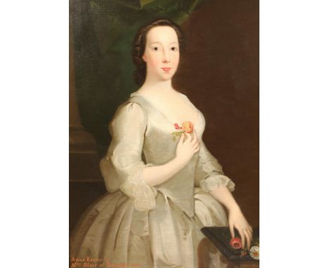 Scottish School, circa 1735.  Portrait of Anne Kennedy, Mrs. Blair of Dunskey, three-quarter-length in a grey dress, her righ