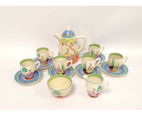 Clarice Cliff Bizarre fifteen piece handpainted coffee set, comprising of coffee pot with cover, cream and sugar and six cups