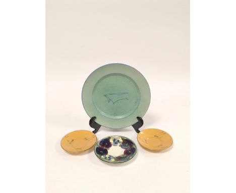 Moorcroft "Pansy" tube lined saucer, 11.5cm diameter, with Moorcroft Art Pottery themed green glazed plate and pair of simila