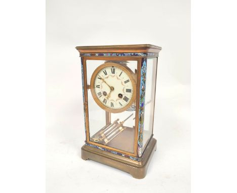 French late 19th century 'four glass' mantel clock with mercurial pendulum and champleve enamel bands. C1900 27cmCondition re