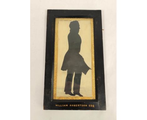 William Robertson Esq.&nbsp; Full length 19th cent. silhouette portrait in black frame, 28 x 16 cms., with gilt slip. 