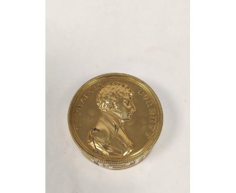 Brass cylindrical box with embossed inscription &amp; portrait of Sir Francis Burdett, early 19th century. (Sir Francis Burde