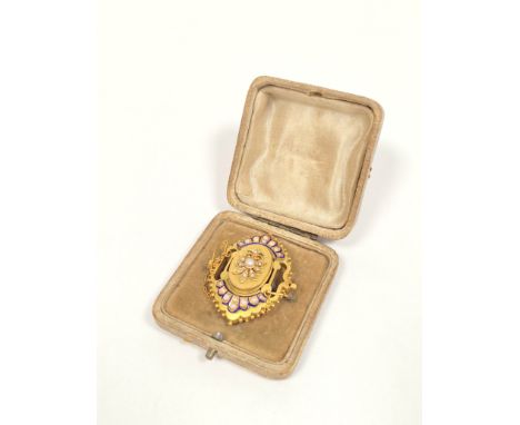 Victorian gold oval brooch with pearls and blue enamel, probably 15ct. 13.6g. 