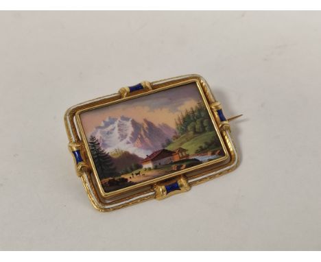 19th century Swiss enamel brooch depicting a typical Alpine scene with chalet and figures against a&nbsp;guilloché sunset, pr