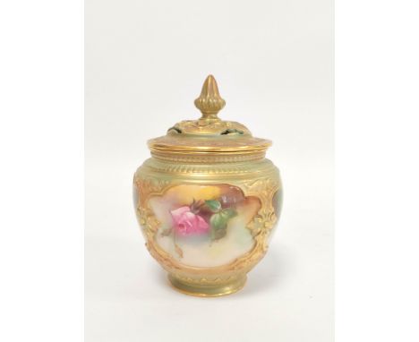 Royal Worcester pot pourri vase with cover with four panels to the body bearing pink roses and assorted flowers on pale green
