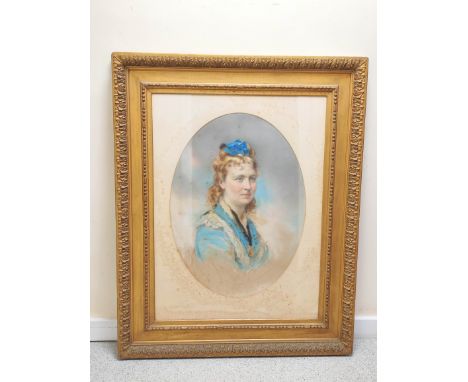 Artist Unknown 20th cent. Edwardian School Portrait of a young girl with blue ribbon.&nbsp; Pastel Unsigned 89cm x 66cm in gi