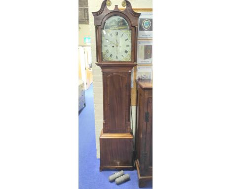 Eight day longcase clock by Robt Sharp of Jedburgh with painted arch dial with stately home scene in mahogany case with Shera