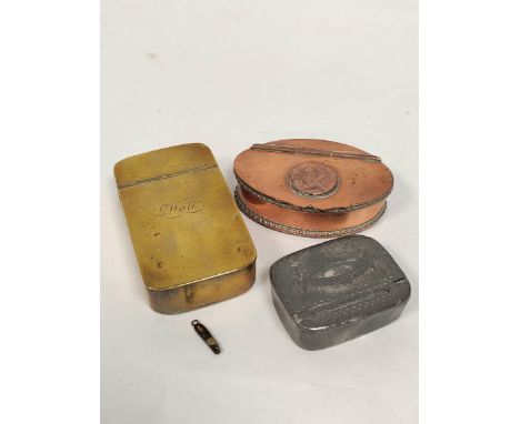 Brass snuff box inscribed 'G Wall' C1800, 84mm, another oval with inset coin, another pewter, and various brass gold weights 