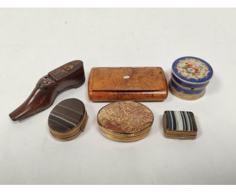 Georgian treen snuff box modelled as a shoe, another, briar, three oval boxes, porphyry and quartz and another earthenware. (