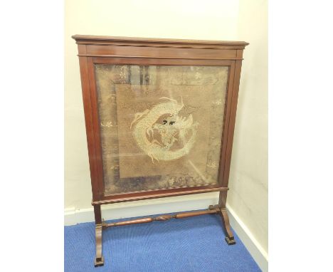 19th century Chinese silk embroidered panel depicting a dragon chasing the flaming pearl on brown lotus and floral silk backi