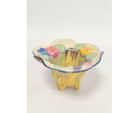 Clarice Cliff "Pansies" pattern Bizarre vase circa 1930s, shaped rim with flaring neck and deep well, with a band of handpain