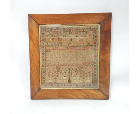 Victorian needlepoint alphabet sampler worked by Hannah Green aged 10, Dated 1862, 45.5cm x 41.5cm, in a walnut frame. 