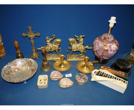 A quantity of miscellanea including Cloisonne lamp, bells, carved tortoise shells, Kishco silver and enamel brush chamber sti