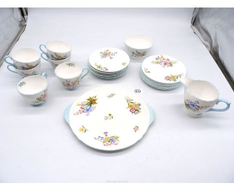 A pretty "Wild Flowers" Shelley Teaset comprising six cups and saucers and side plates, cake plate, milk jug and sugar bowl.