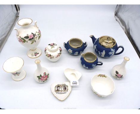 A quantity of Wedgwood 'Hathaway Rose' china, Blue Jasperware three piece tea set with white metal lid (a/f.), Aynsley and Ha