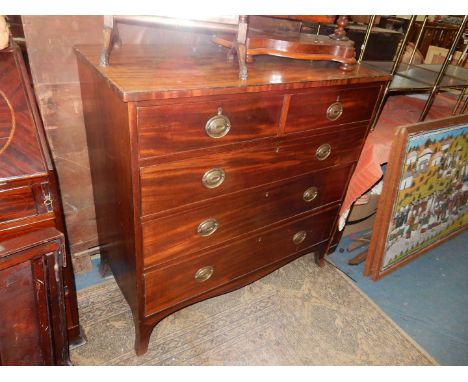 A 19th c Mahogany Chest of three long and two short Drawers having brass back plate drop handles and standing on splay bracke