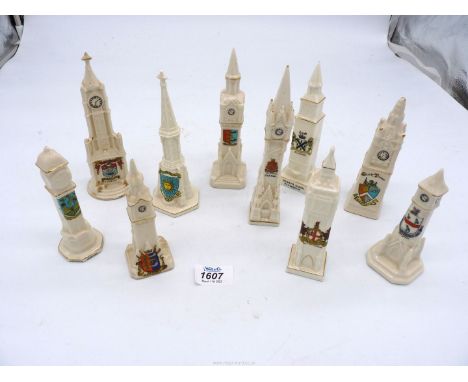 Ten Carlton and Arcadia crested commemorative pieces of monuments and clock towers.