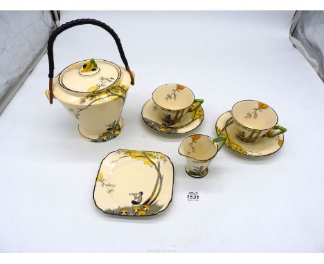 A Burleighware art deco Zenith "Pan" pattern part tea set, 1920's-30s comprising two cups and saucers, side plate and biscuit