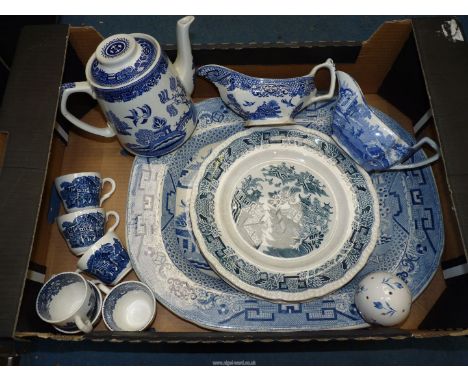 A quantity of blue and white china including six Wedgwood "Avon Cottage" teacups, Copeland Spode Italian sauce boat, meat pla