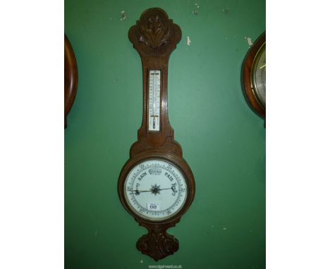 A dark wood framed Banjo Barometer/thermometer, no makers name.