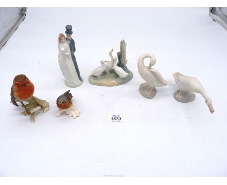 A pair of Lladro geese, Nao bride and groom, Goebel Robin etc