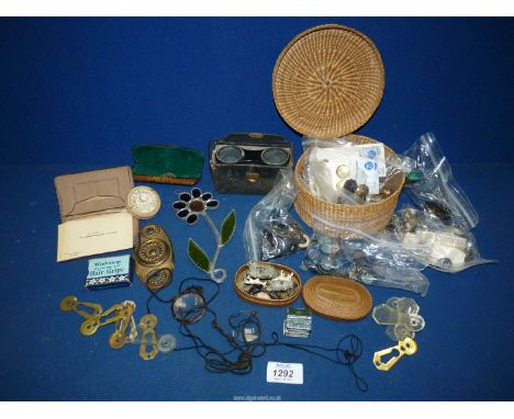 A small quantity of vintage miscellanea including lead farm animals, opera glasses, card case etc., plus a basket of buttons.
