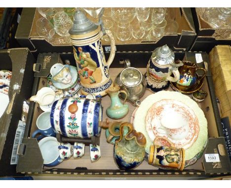 A quantity of china including a mini Royal Doulton Lambeth ewer plus a larger Royal Doulton jug with pinch rim (handle cracke