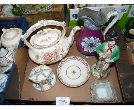 A quantity of china to include Staffordshire 'Gin' &amp; 'Water' double sided figure, hand painted saucer, Sevres teapot, Gre