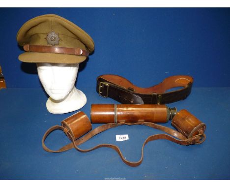 A leather and brass extendable telescope by W. Watson &amp; Sons Ltd. London, 35 1/4'' extended, along with an Army cap and l