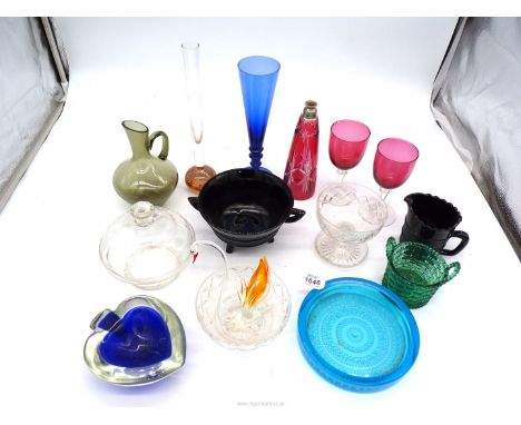 A small quantity of mostly coloured glass including a cut glass cranberry scent bottle (no stopper) marked 'Les Vaporisateurs