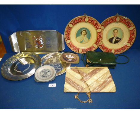A selection of Royal metal plates etc., together with vintage ladies handbags 'Ipes' Made in Italy and Jane Shelton.
