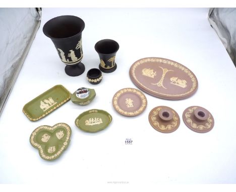 A small quantity of Wedgwood Jasperware including black vases, pink chambersticks, green cigarette lighter etc.