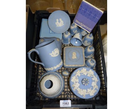 A small quantity of pale blue Wedgwood Jasperware including seven ''New Year'' bells, tea light, boxed clock, Christmas ''Hou