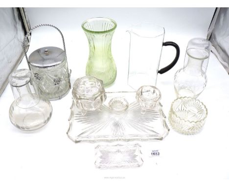 A small quantity of glass including part dressing table set, carafe, biscuit barrel etc.