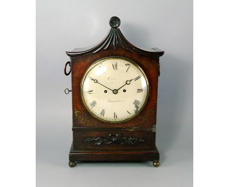 A mahogany and brass inlaid mantel clock, early 19th century, the wooden case with Chinoiserie style roof top, with inlaid sc