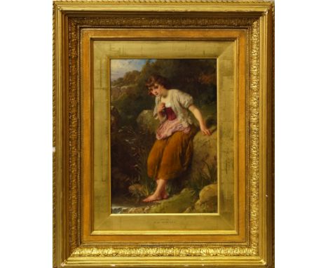 Henry Le Jeune ARA, British 1819-1904- "Timidity"; oil on panel, signed with monogram and dated 1877, label for 'N.Mitchell, 