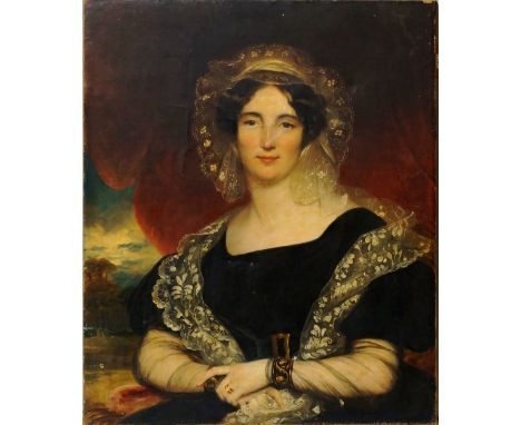 Circle of Richard Rothwell, Irish 1800-1868- Portrait of Mrs Jane Boswell Tucker 1780-1869, half-length, seated in a black dr