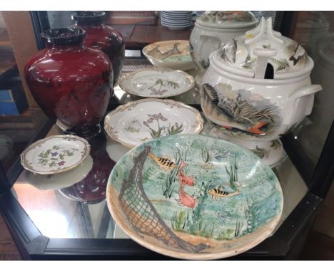 A Royal Doulton flambé harvest vase 26cm, two Spode Stafford Flowers plates 28cm and 15.5cm, a Portmeirion British Fishes tur